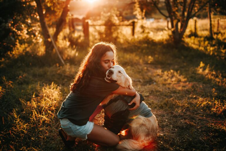 A woman hugs her Golden Retriever during a warm sunset in a grassy field.